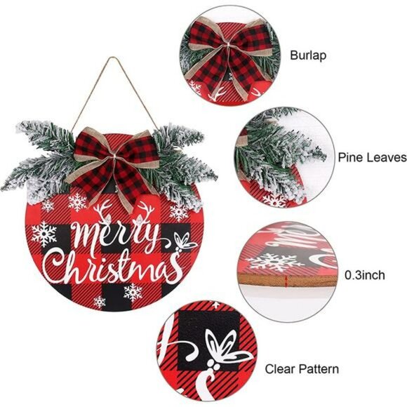 Christmas Buffalo Plaid Wreath Decoration - 1pc Double Sided Wooden - Picture 3 of 7